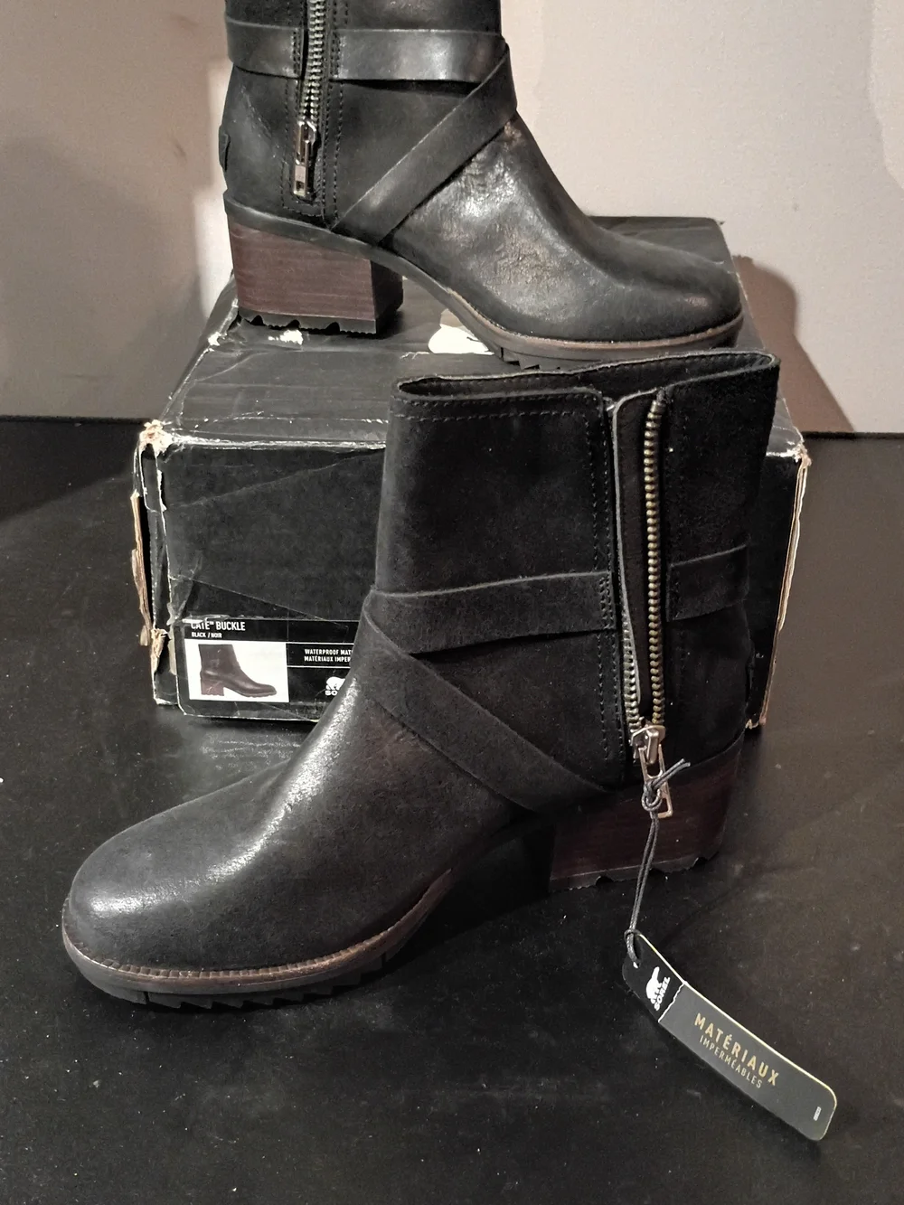 Sorel Black Leather & Suede Strapped Ankle Booties with Side Zip